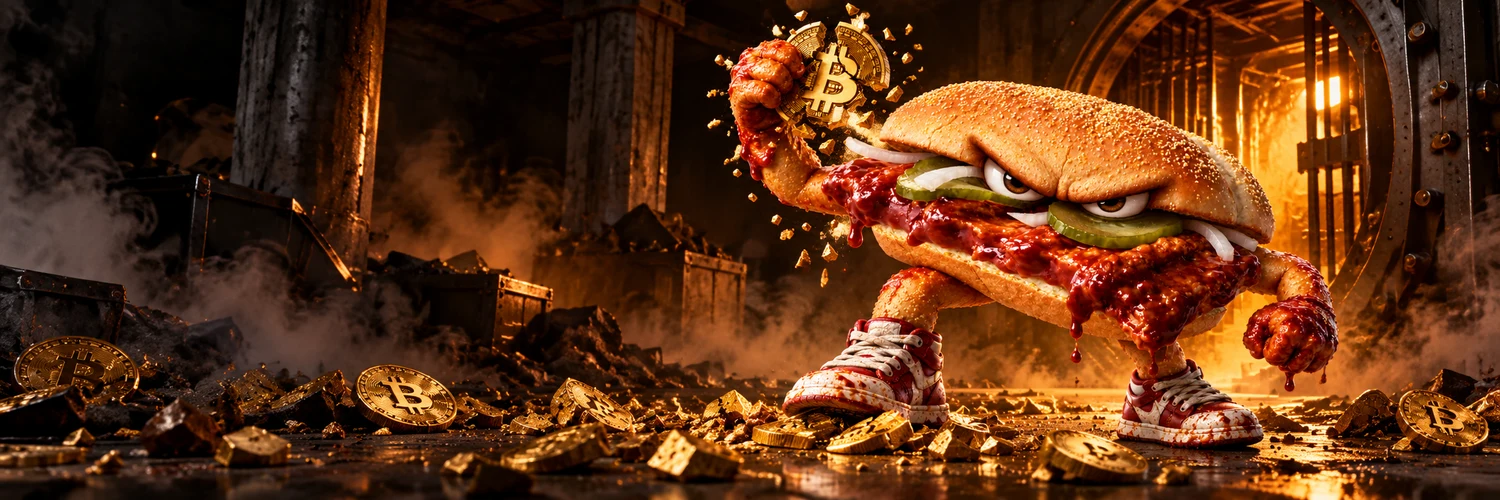 The BTC Killer sandwich crushing a Bitcoin coin inside a dark vault