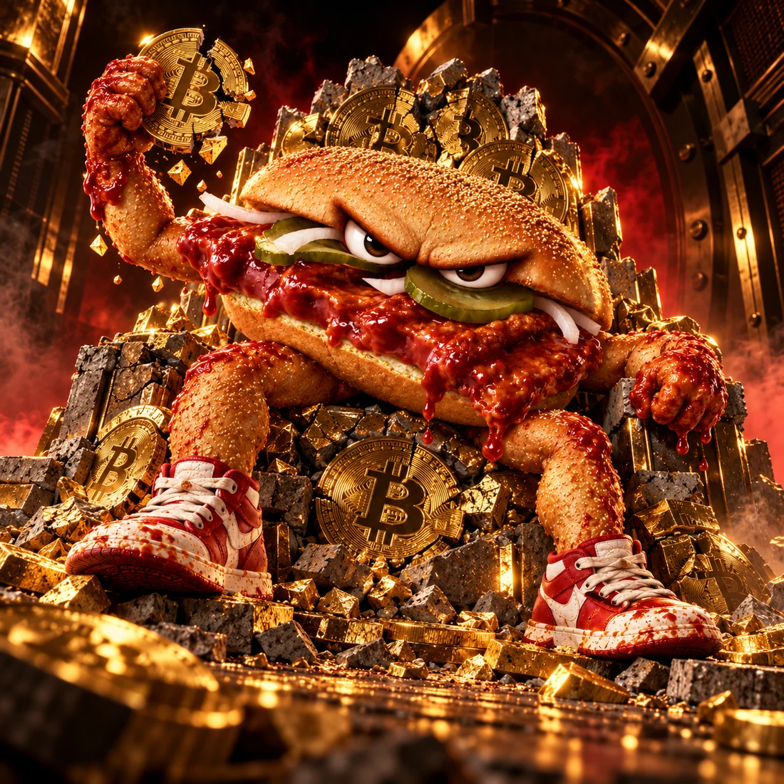 The sandwich antihero sitting on a throne of shattered Bitcoin coins