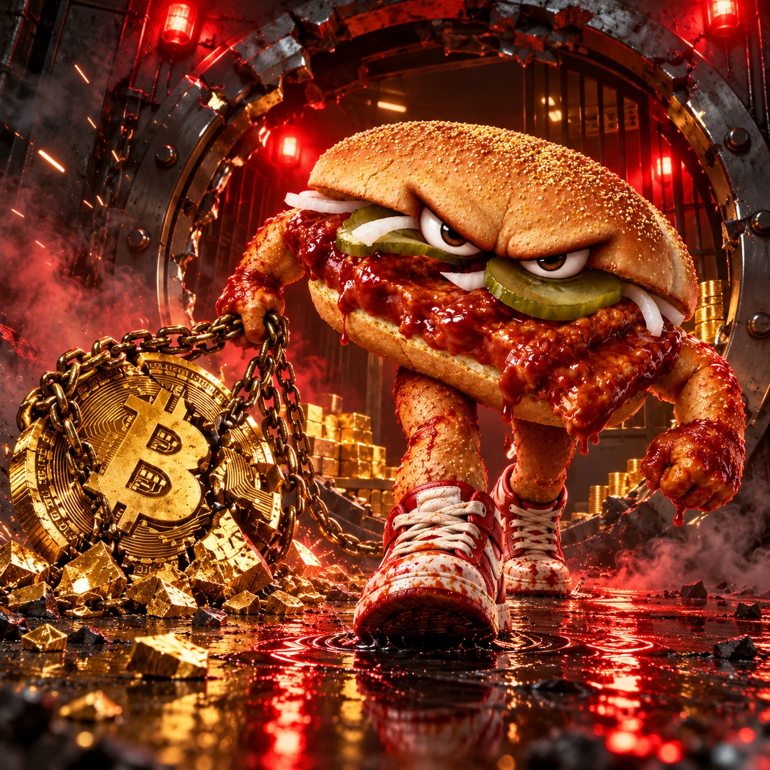 The sandwich storming a broken vault and dragging a Bitcoin coin
